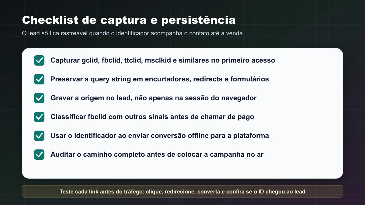 Checklist de captura e persistência de identificadores de clique