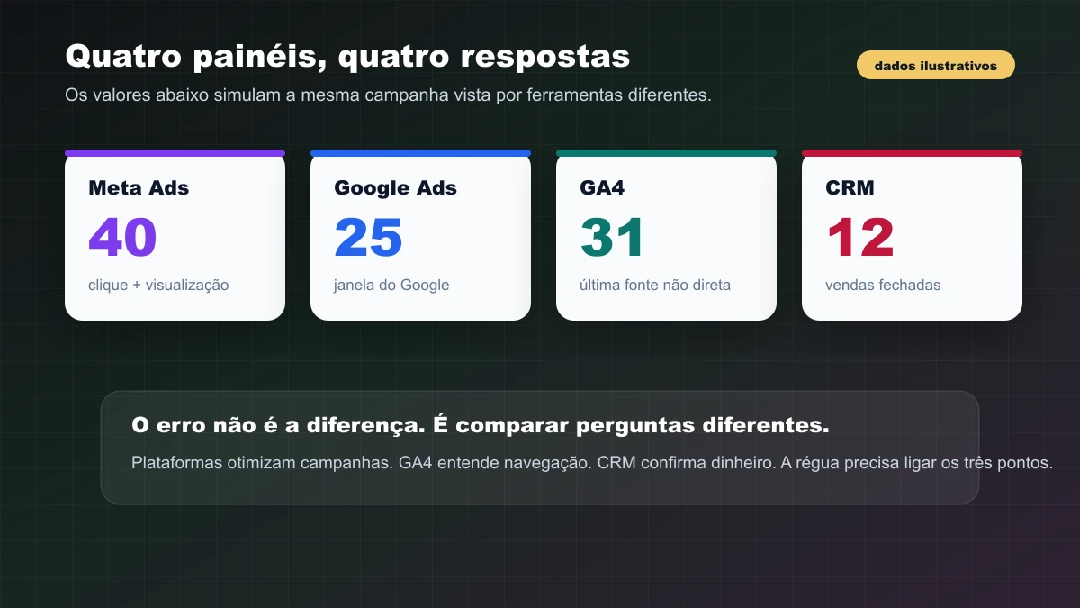 Comparação dos números de conversão nos painéis de Meta, Google, GA4 e CRM para a mesma campanha