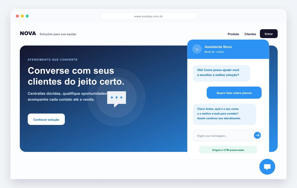 Chat widget com IA do LeadInsight atendendo um visitante e capturando origem e UTM no site