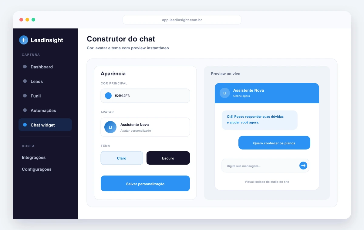 Construtor do chat widget do LeadInsight com personalização de cor, avatar, tema e preview ao vivo