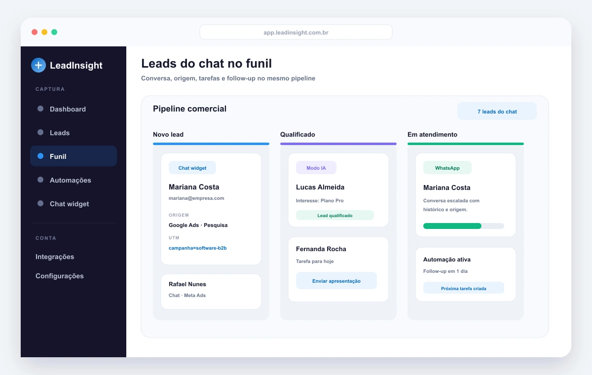 Lead capturado pelo chat widget no funil do LeadInsight com campanha, UTM, tarefas e follow-up