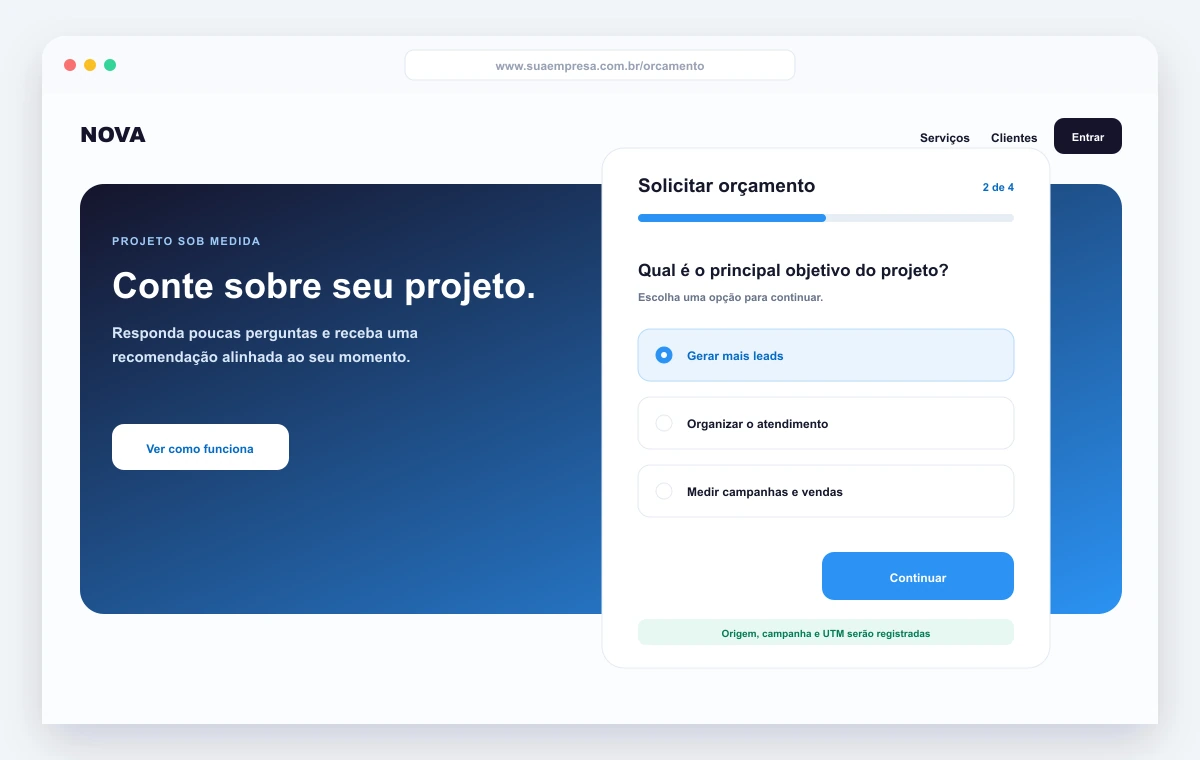 Formulário de captura de leads em múltiplas etapas com progresso e origem registrada pelo LeadInsight