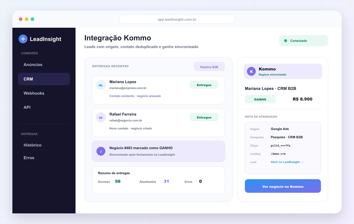 Integração Kommo mostrando lead com origem, nota de atribuição e negócio ganho automaticamente
