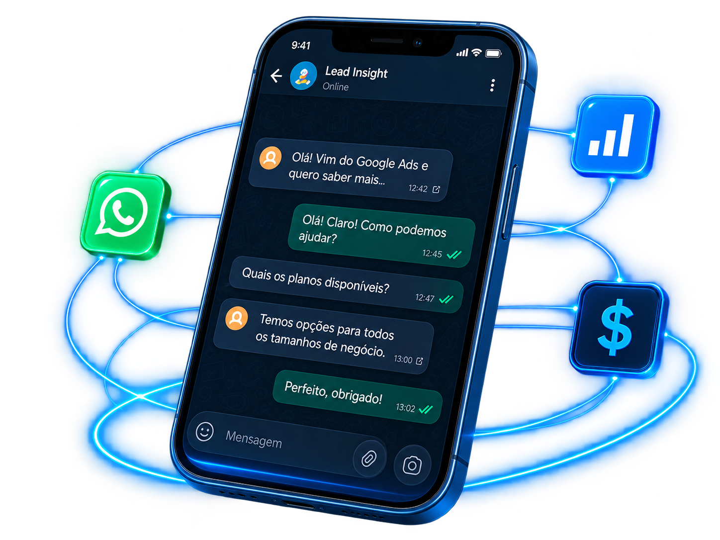 Visual da integração LeadInsight com WhatsApp mostrando conversa, campanha e venda conectadas