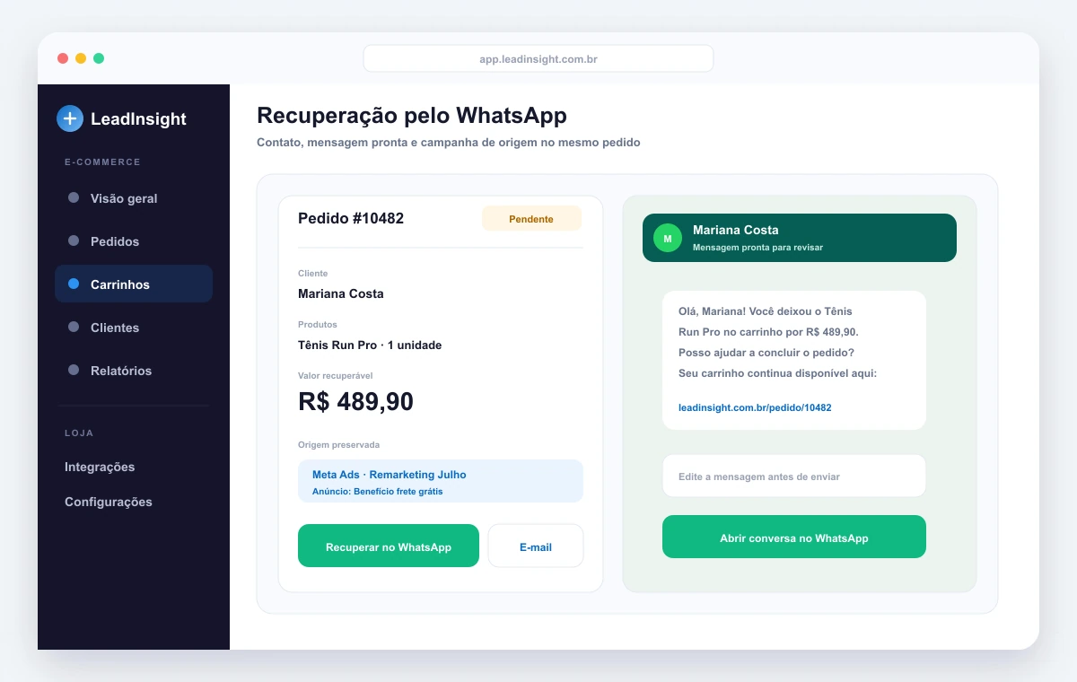Recuperação de carrinho abandonado pelo WhatsApp com mensagem pronta, valor do pedido e campanha de origem